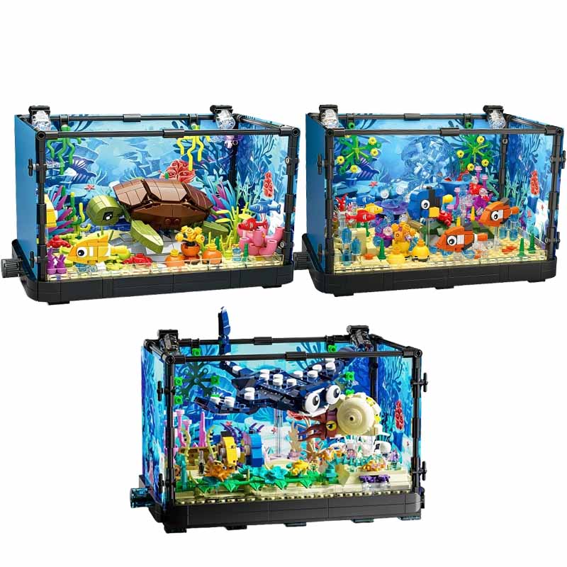 Aquarium Fish Marine - Aquarium-Baustein-Set mit Licht, Aquarium, Meeresschildkröte, Baustein-Spielzeug